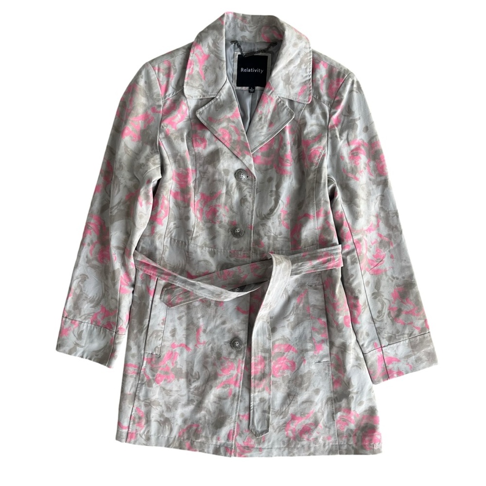 Relativity Womens Sz Large Tan Pink Abstract Floral Belted Waist Tie Trench Coat